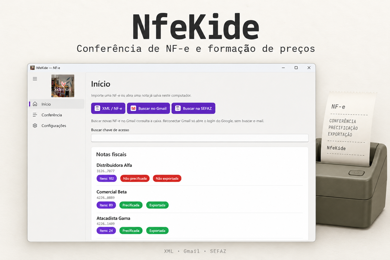 Capa do NfeKide: interface de conferência de NF-e, formação de preços e integração com XML, Gmail e SEFAZ
